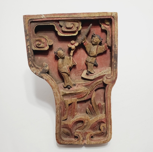 Antique Chinese Wooden Panel Hand Carved 2 Robed Figures 6.5x9.5x1.25" - Picture 1 of 9